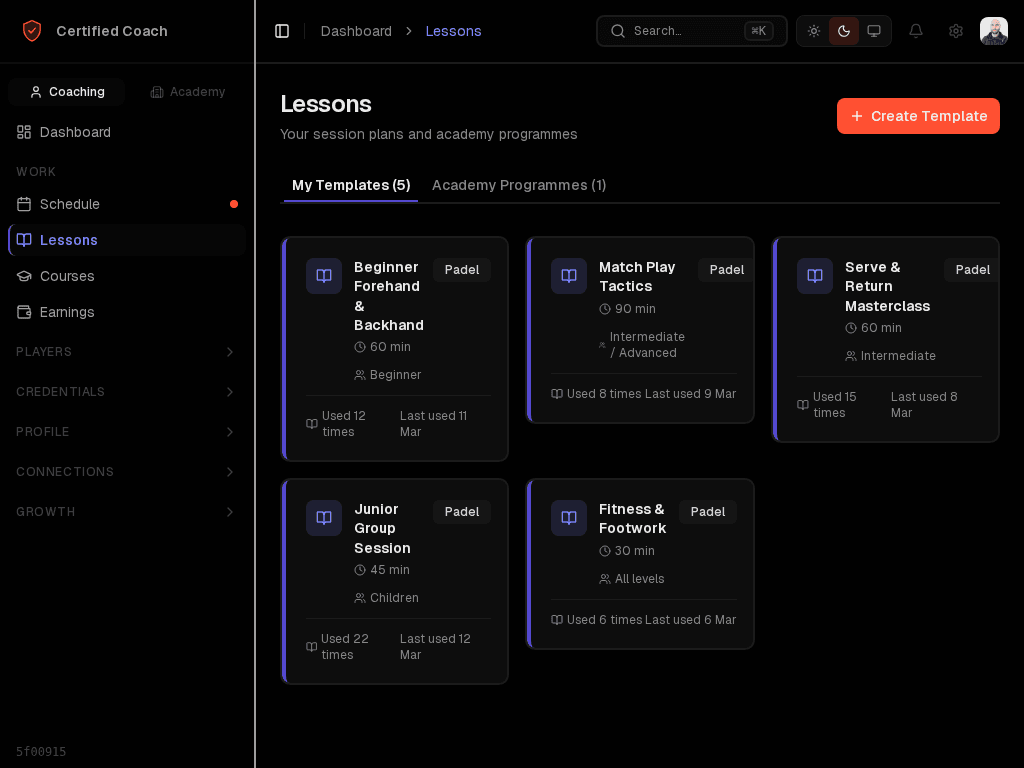 Lesson library — template cards with academy syllabi and custom session plans