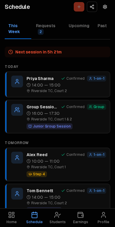 Coach schedule on mobile