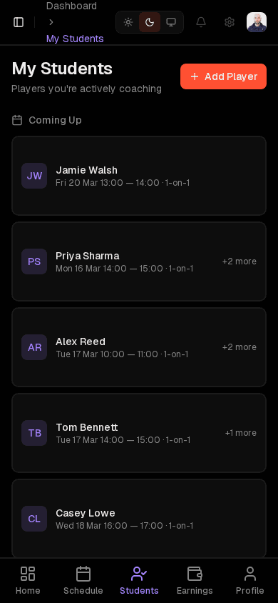 Player roster with session history and progression